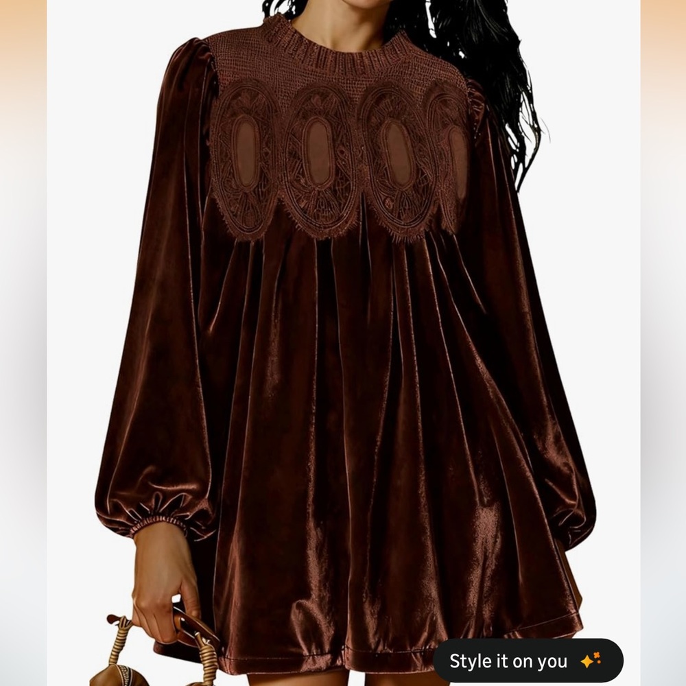 Freyhem Velvet Lace Pleated Swing Babydoll Dress (Brown) (M)
